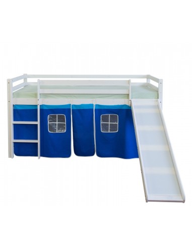 Lit mezzanine 90x200cm avec échelle toboggan en bois blanc et toile bleu LIT06115 Faites des économies