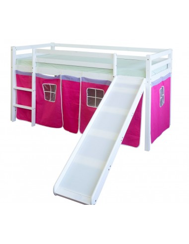 Lit mezzanine 90x200cm avec échelle toboggan en bois blanc et toile rose rouge LIT06114 basket pas cher