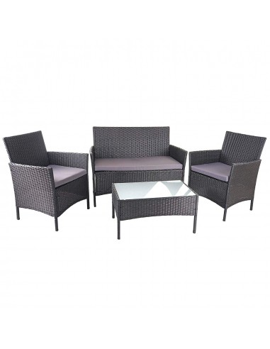 Salon de jardin avec fauteuils banc et table en poly-rotin noir et coussin anthracite MDJ04149 destockage