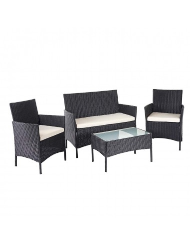 Salon de jardin avec fauteuils banc et table en poly-rotin noir et coussin crème MDJ04145 Venez acheter