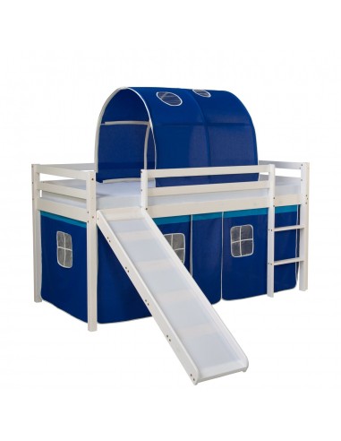 Lit mezzanine pour enfant avec sommier toboggan tunnel rideau modèle bleu 90x200 cm LIT06186 vous aussi creer 