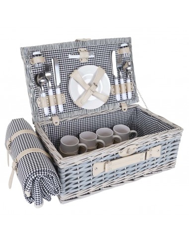 Panier pique-nique noir et blanc en osier pour 4 personnes avec couvert assiettes verres DIV04016 pour bénéficier 