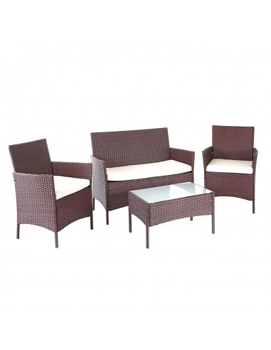 Salon de jardin avec fauteuils banc et table en poly-rotin marron et coussin crème MDJ04146 les ligaments