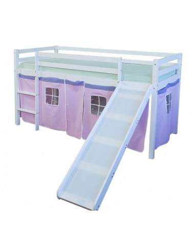 Lit mezzanine 90x200cm avec échelle toboggan en bois blanc et toile rose LIT06116 Economisez 