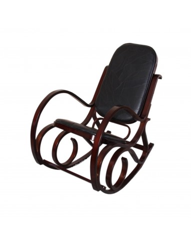 Fauteuil à bascule rocking chair en bois foncé assise en cuir noir FAB04010 l'achat 