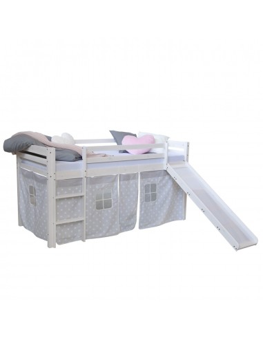 Lit mezzanine pour enfant 90x200cm avec échelle toboggan en bois blanc avec tissu gris étoile LIT06179 est présent 