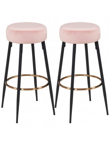 Lot de 2 tabourets de bar en tissu velours rose cadre en métal avec repose-pieds TDB09151 en linge