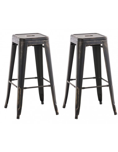 Lot de 2 tabourets de bar style industriel en métal avec repose-pieds noir or vieilli vintage TDB10115 Véritable concentré