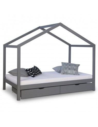 Lit cabane en bois gris pour enfant avec sommier inclus 90x200 cm avec tiroirs rangement LIT06191 en linge