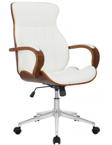 Fauteuil de bureau avec roulettes synthétique blanc et bois noyer hauteur réglable BUR10463 en ligne des produits 