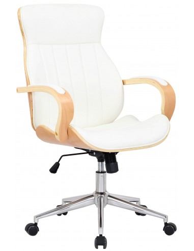 Fauteuil de bureau avec roulettes synthétique blanc et bois clair hauteur réglable BUR10466 le concept de la Pate a emporter 