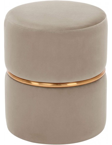 Tabouret rembourré rond pouf collier métallique doré en tissu velours beige TABO09063 rembourrage situé sous