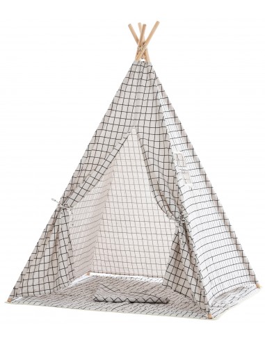 Tente tipi pour enfants avec toile damier gris poteaux en bois APE10003 destockage