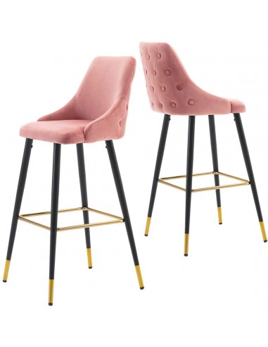 2x tabourets de bar en velours rose avec dossier capitonné et repose-pieds métal noir et or TDB09207 prix pour 