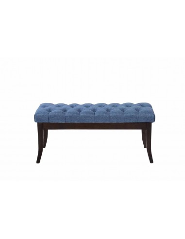 Banc avec assise en tissu bleu rembourrée capitonné 100 cm style Chesterfield pieds bois foncé BAN10048 Paris Déstockage Promo